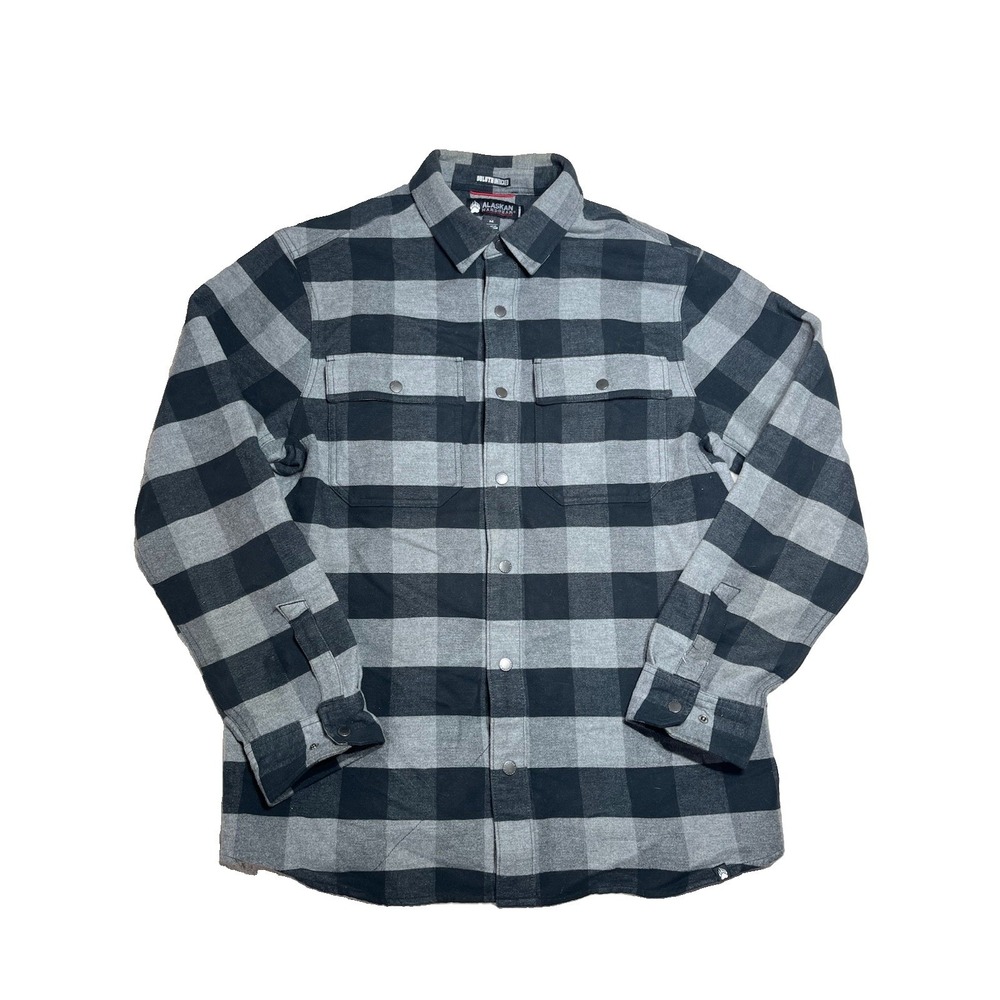 Duluth Untucked Alaskan Hardgear Men's M Black Gray Flannel Plaid Shirt Snaps